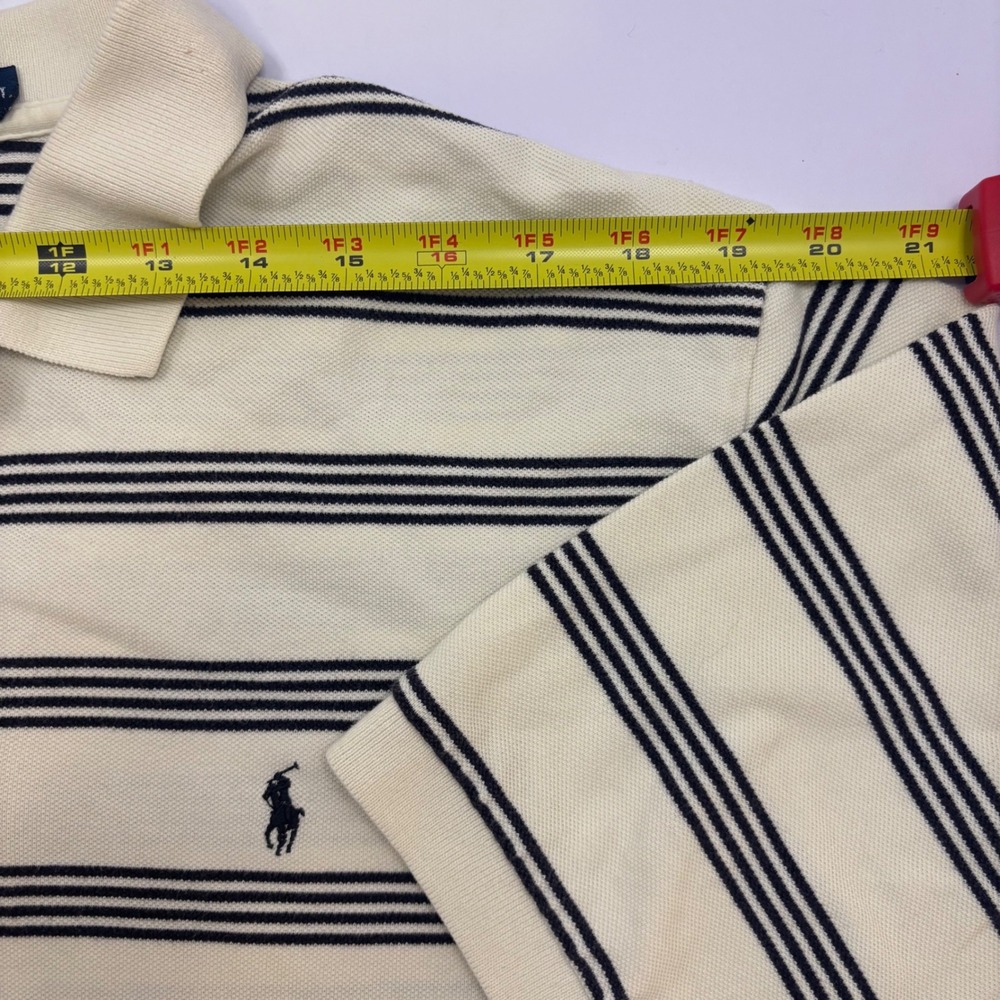 Polo Ralph Lauren Mens XL Cream Navy Blue Striped Pique Short Sleeve Polo Shirt - Picture 5 of 8